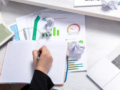 front-view-girl-taking-notes-writing-down-notes-front-table-with-schedules-graphics-laptop-job-business-activity_140725-16038